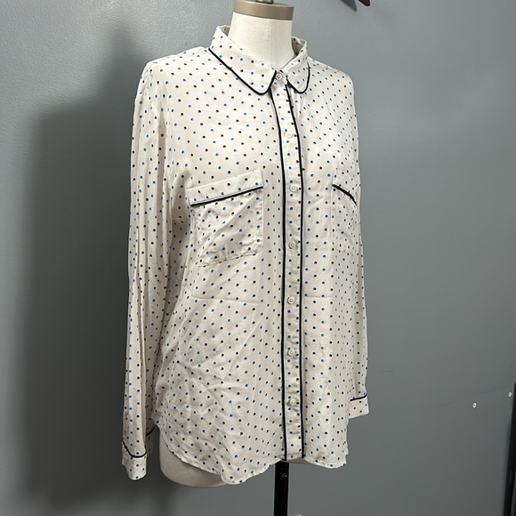 Ann Taylor Polka Dot Cream Navy Long Sleeve Collared Silk Shirt size XL - Picture 2 of 15